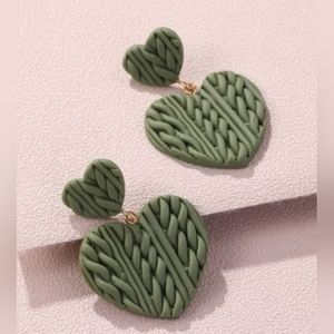 New Cable Knit Double Heart Drop Earrings, Sage green